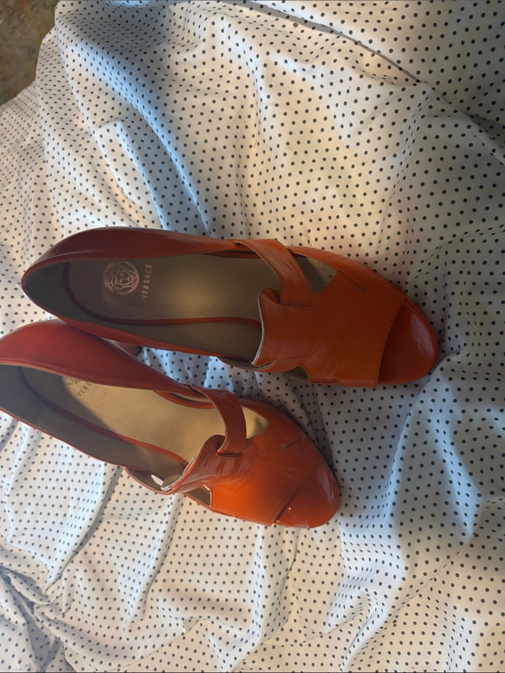 Versace Orange Patent Peep-Toe Heels